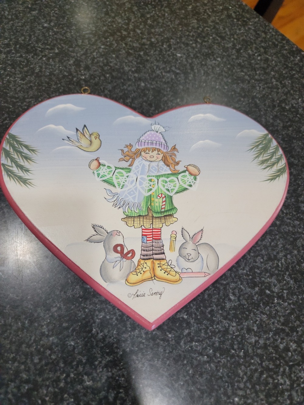 Vintage Winter/Christmas Folk Art Wooden Heart Plaque Girl And Rabbits